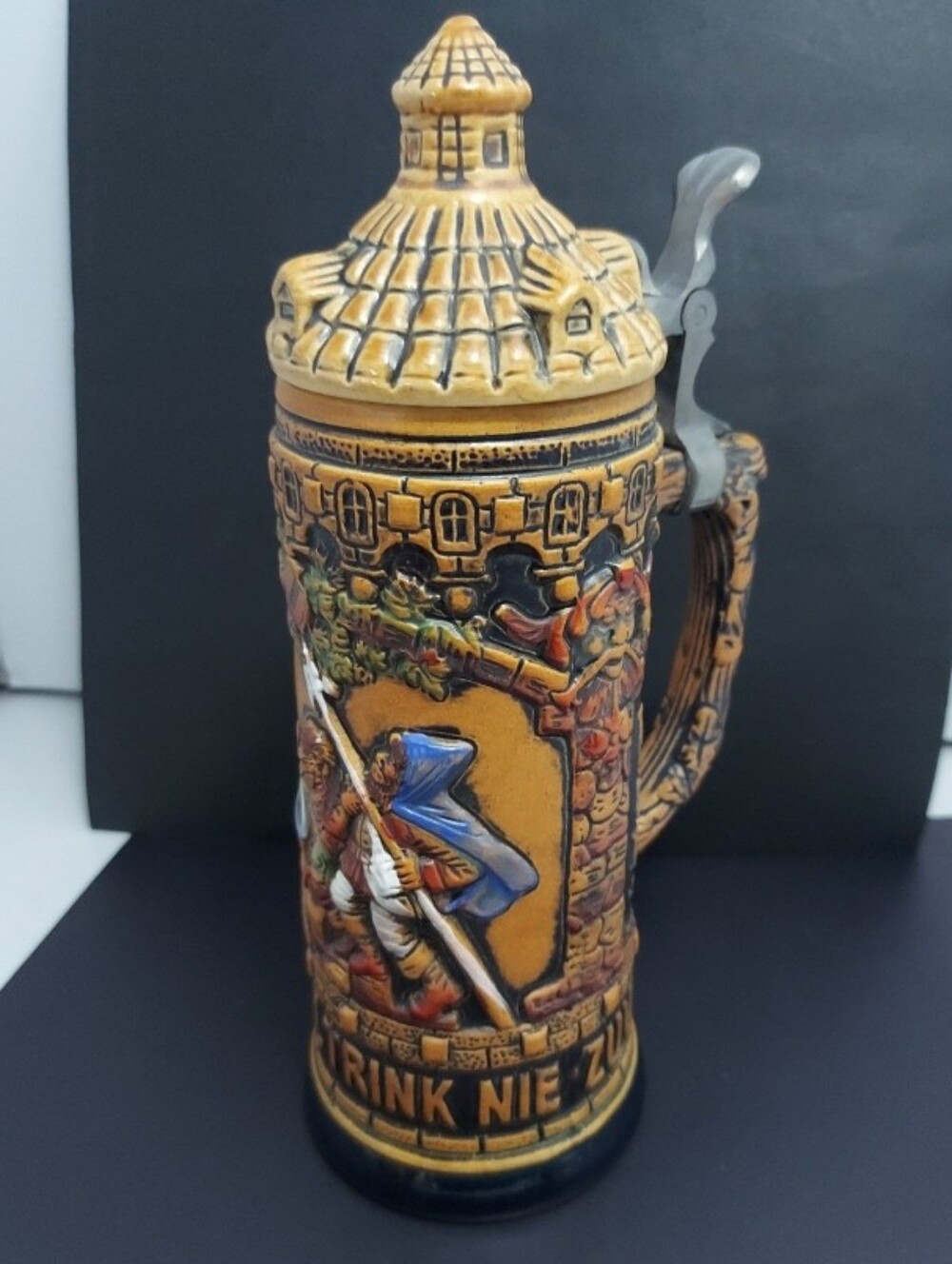 Vintage Original King West Germany Lidded Beer Stein Allzeit  Trink Tavern Scene